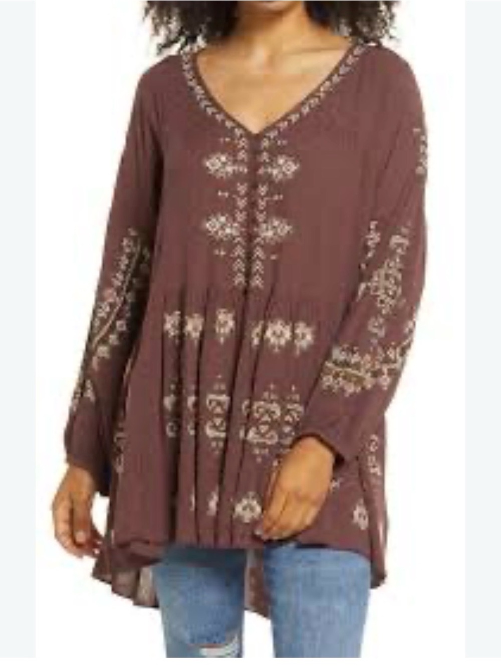 Free People Brown Embroidered V-Neck Tunic
